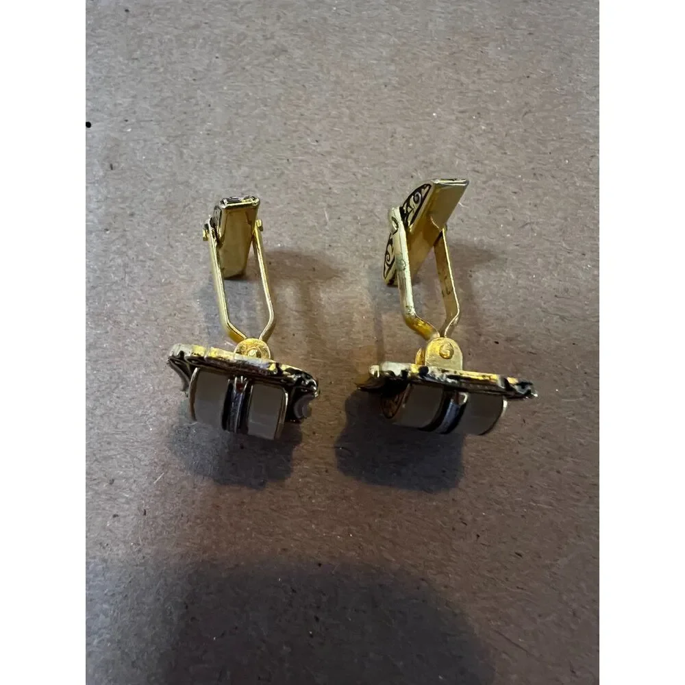 Damascene Toledo Cufflinks Spanish Gilt Swivel T Bar Goldtone Faux MOP Inlay